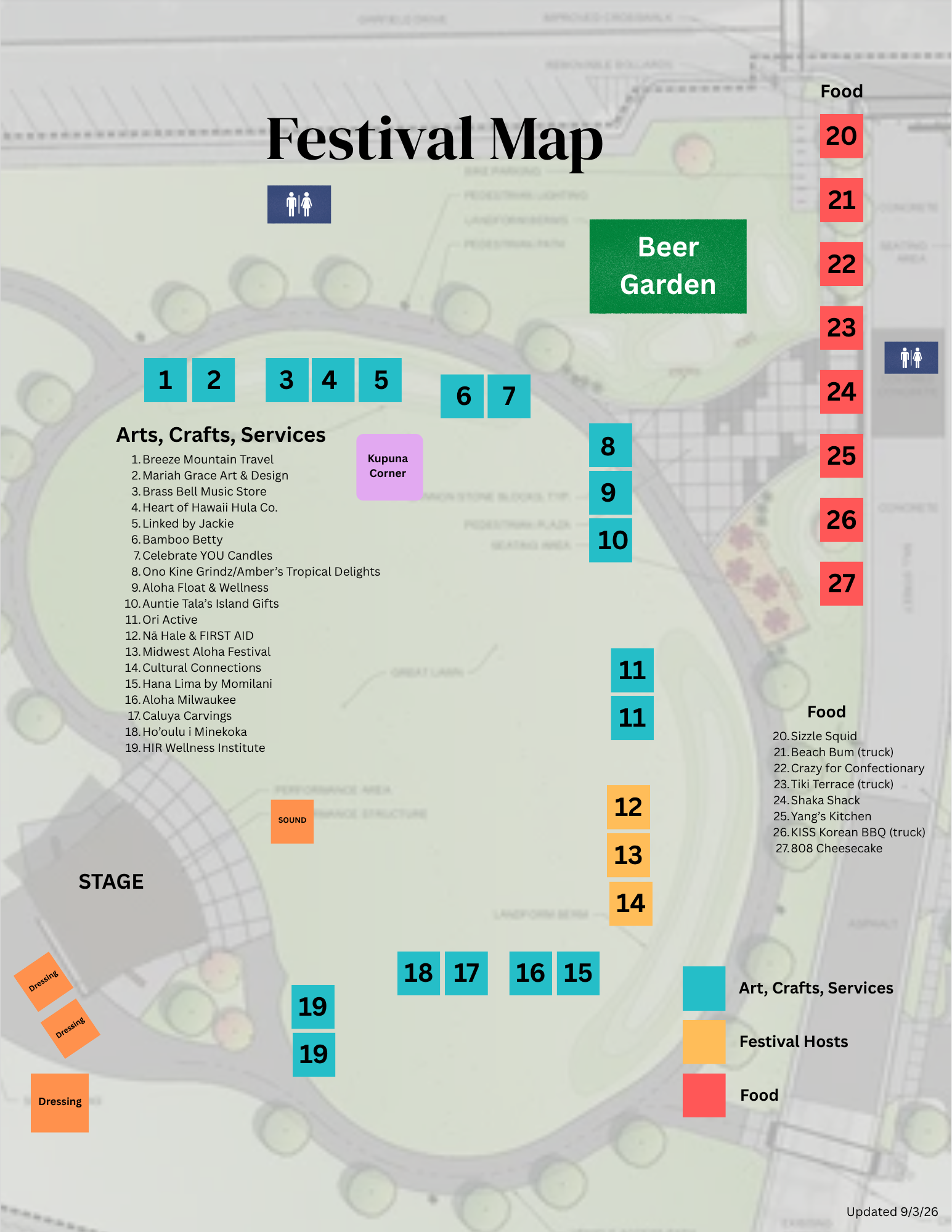 2026 Marketplace Map of Village Park, showing numbered vendor booths for arts, crafts, services, food, the beer garden, the stage, and restrooms. Updated September 3, 2026.