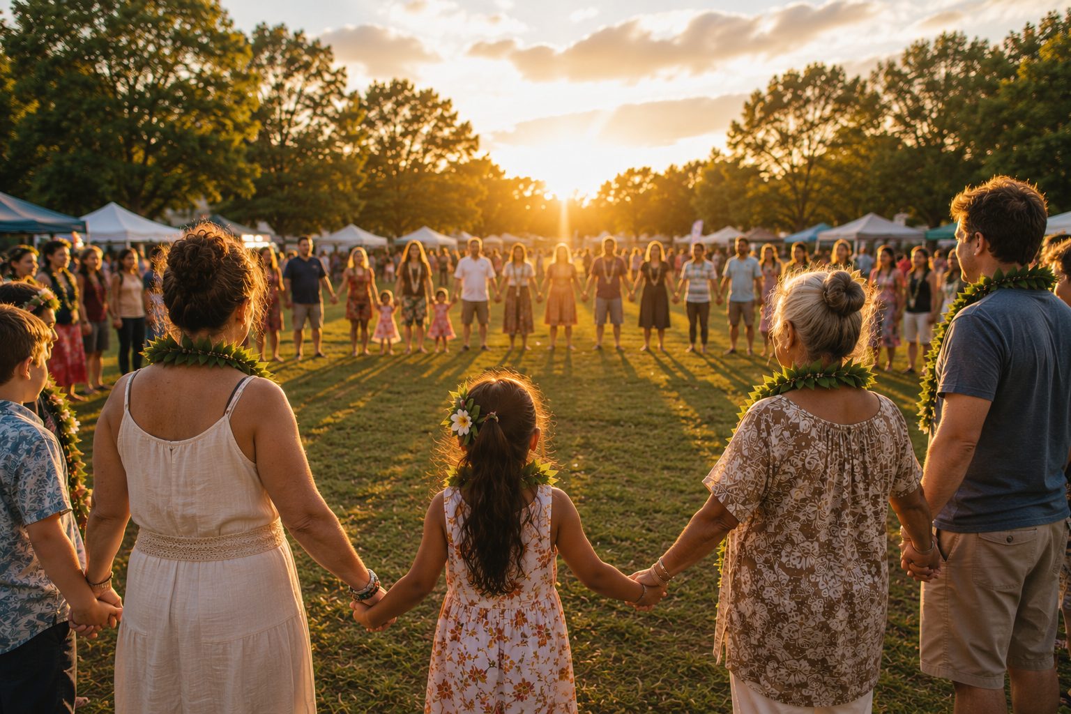 A multigenerational circle of festival-goers holding hands at golden hour, some wearing lei po'o and ti-leaf lei, forming a living Lei of Love.
